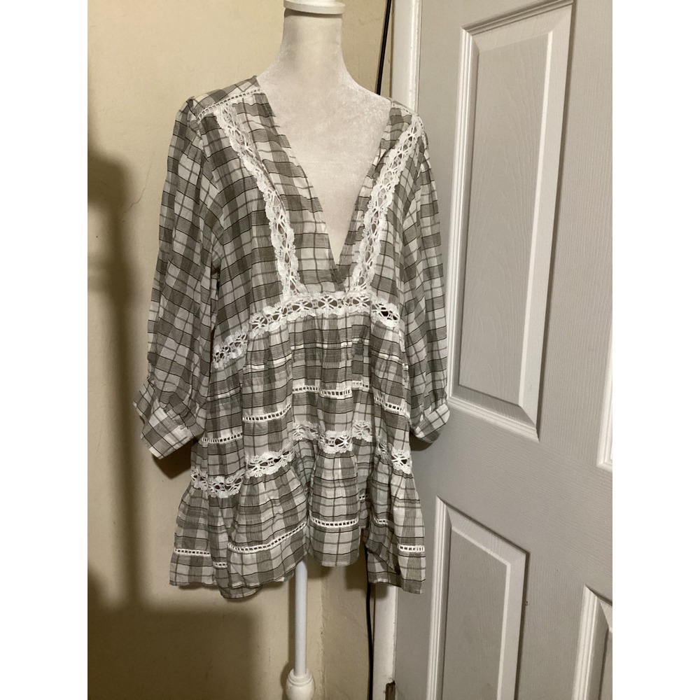 Free People Plaid Crochet Lace Tiered Babydoll Tunic Mini Dress Olive Green M